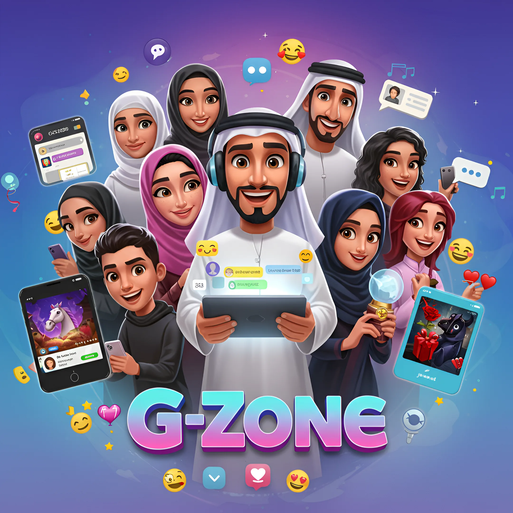 مجموعة شباب وفتيات من الخليج يستخدمون الأجهزة الذكية في تطبيق اجتماعي ترفيهي باسم G-ZONE.