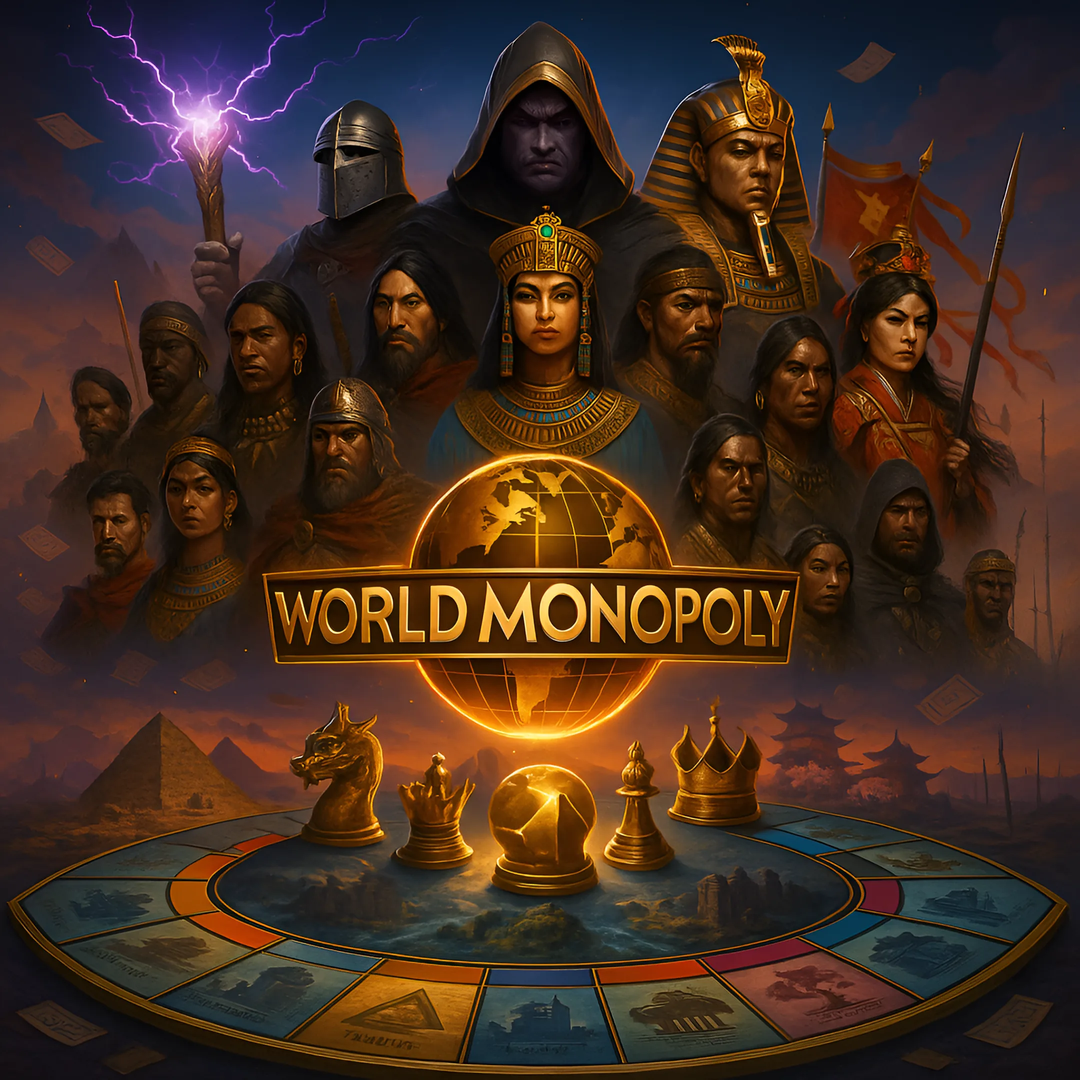 صورة غلاف لعبة احتكار العالم من تصميم شركة أثر، تُظهر قادة حضارات تاريخية ولوحة احتكار استراتيجية بعناصر ملكية.
