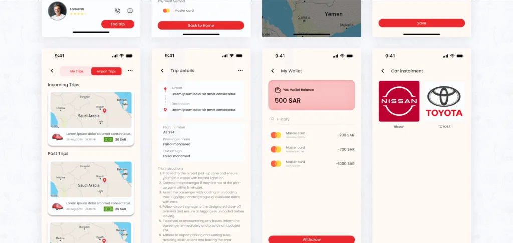 11 - تطبيق كوكب شاشات متعددة من تطبيق كوكب CoCab تعرض سجل الرحلات، تفاصيل الرحلة، المحفظة، وخدمة تقسيط السيارات