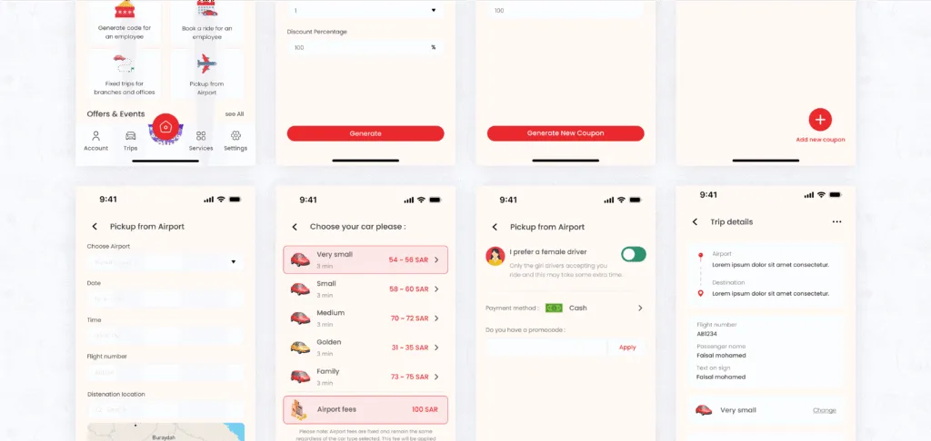 13 - تطبيق كوكب واجهة إدارة الشركة في تطبيق كوكب CoCab تعرض خدمات الحجز من المطار، إنشاء كوبونات، واختيار نوع السيارة والسائق