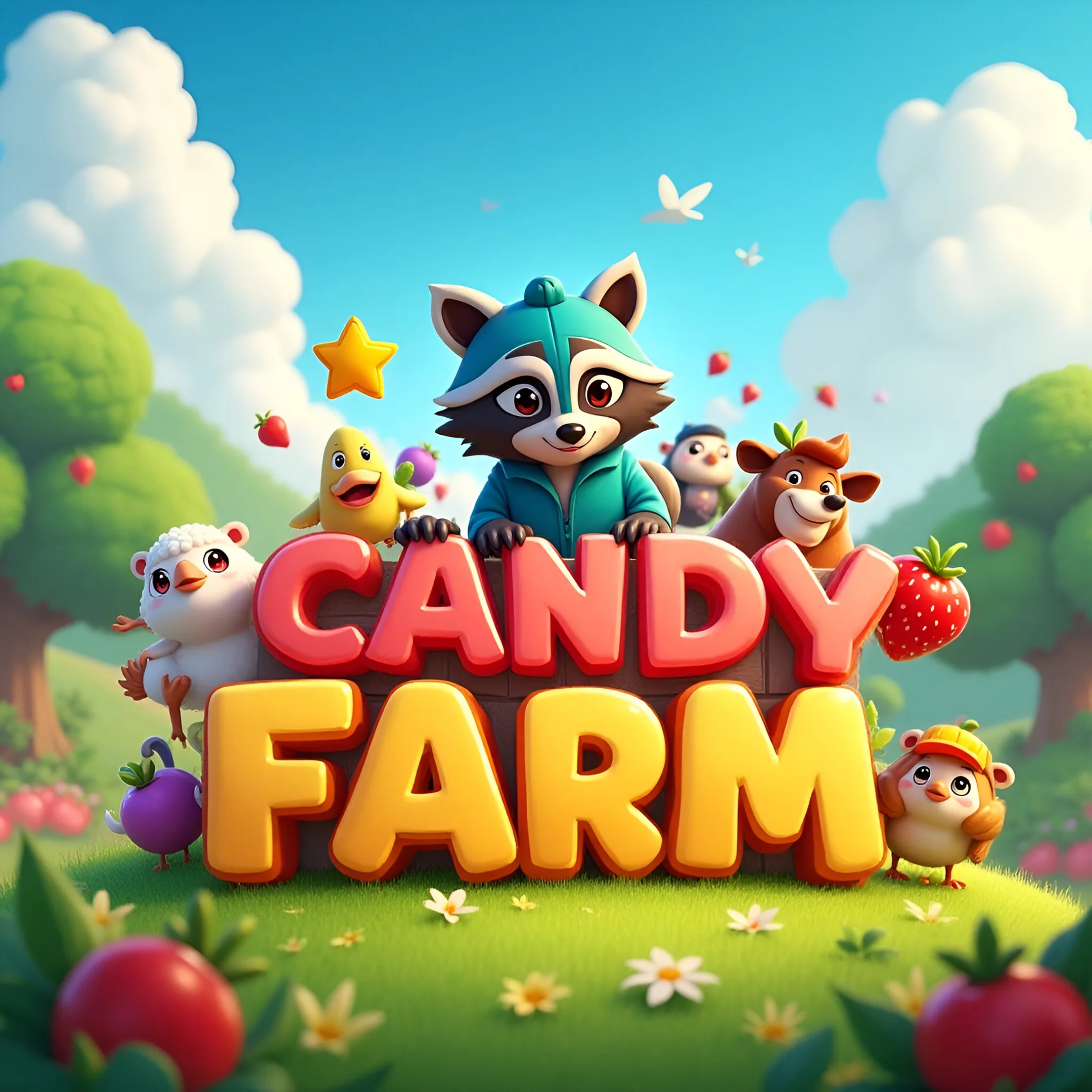 صورة غلاف كرتونية ملونة للعبة Candy Farm تُظهر شخصيات حيوانات لطيفة مثل الراكون، البطة، الخروف، والدب حول شعار اللعبة في حقل أخضر مليء بالفاكهة والورود.
