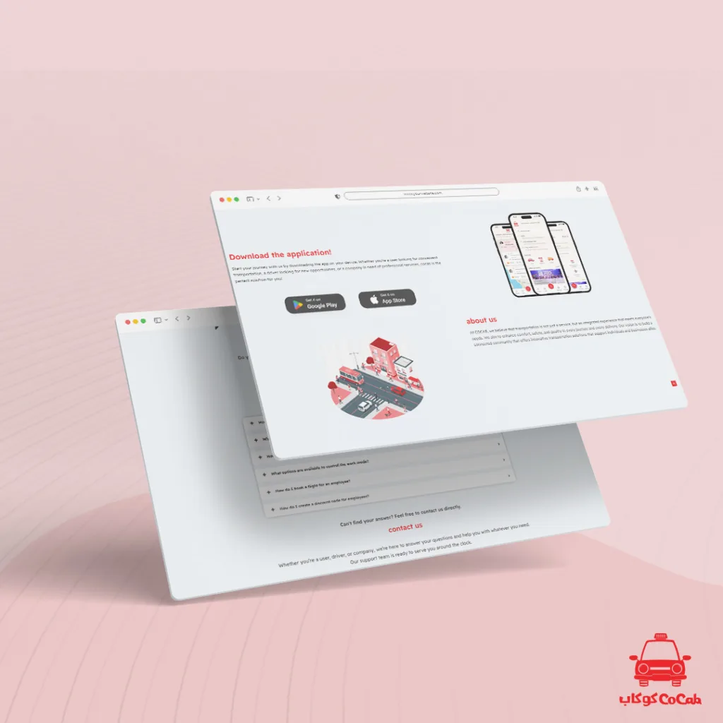 cocab ويب سايت 1 1 - Cocab عرض تصميم موقع وتطبيق CoCab لحجز السيارات، يظهر فيه واجهة الاستخدام على الهواتف مع دعوة للتحميل من App Store وGoogle Play.