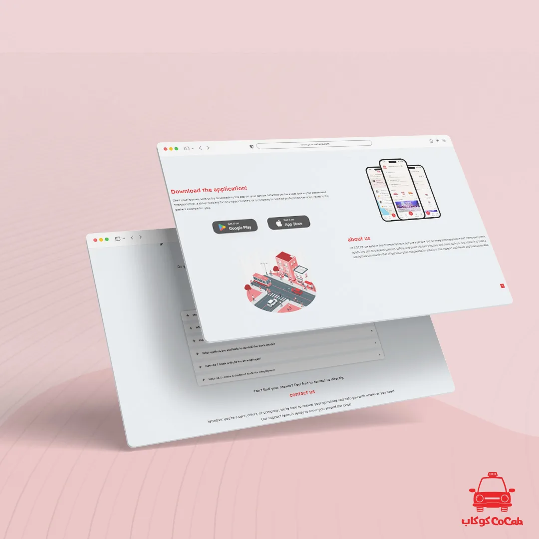 عرض تصميم موقع وتطبيق CoCab لحجز السيارات، يظهر فيه واجهة الاستخدام على الهواتف مع دعوة للتحميل من App Store وGoogle Play.