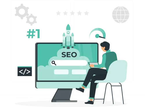 خدمة تحسين محركات البحث (SEO) لظهورك في النتائج الأولى رسم توضيحي لشخص يعمل على تحسين محركات البحث SEO على شاشة كمبيوتر مع رموز سرعة وتصنيف