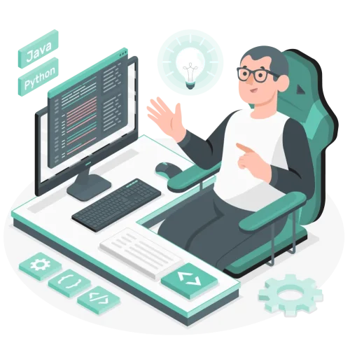 برمجة احترافية بأحدث لغات العالم – Java & Python رسم توضيحي لمطور يجلس أمام شاشة حاسوب يكتب كود بلغة Java وPython، بجانبه أيقونة مصباح ترمز إلى الإبداع.