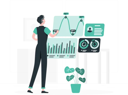 تحليلات الأداء واتخاذ القرارات الذكية – مع أثر شخص يحلل بيانات رسومية وتفاعلية على شاشات تحتوي على مخططات بيانية ودائرية.