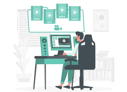مونتاج احترافي بجودة عالية لجميع صيغ الفيديو رسم توضيحي لمحرر فيديو يعمل على مونتاج مقطع باستخدام جهاز مكتبي، مع ظهور صيغ الفيديو MKV وAVI وMP4 وMOV.