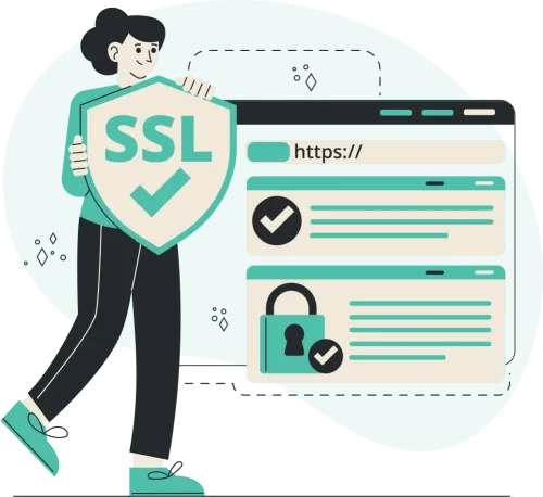أمان موقعك يبدأ من هنا – حماية SSL لمواقعك رسم توضيحي لامرأة تحمل درعًا مكتوب عليه SSL، بجانبه متصفح يحتوي على رمز القفل وhttps لتأمين الموقع.